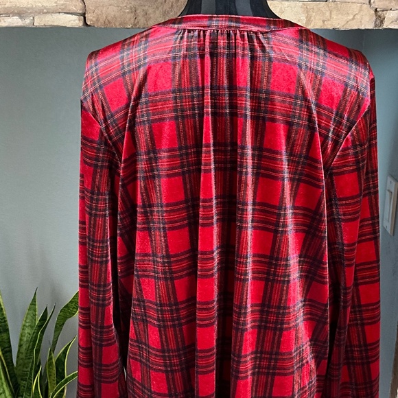 Intro Stretch Velvet Oversized Tartan Plaid Henley Top Holiday Comfy Red Black L - Picture 7 of 11